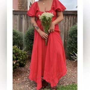 Free People Red Maxi Dress with Puff Sleeves